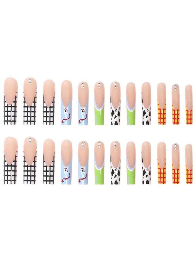 Foccna Long Press Pink Square French Fake Nails Summer Purple Full Cover Bling Acrylic False Rhinestone 3D Flower Design Square Nails for Women and Girls 24PCS - Image 2